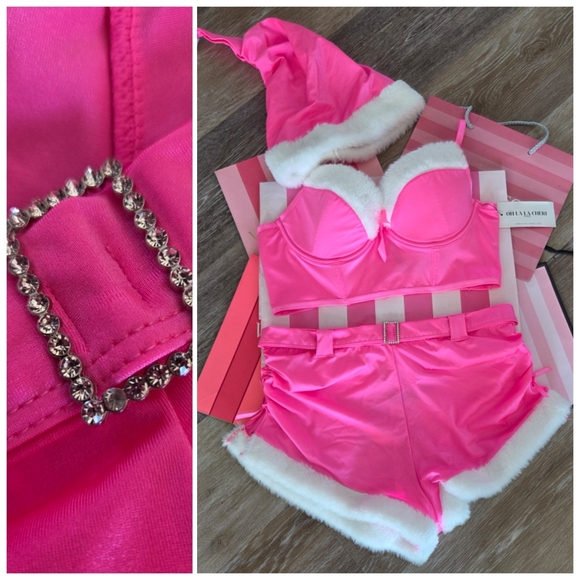 Santa Baby Longline Bustier Crop Top High Waist Short Faux Fur Santa Hat Set NWT - Picture 1 of 16